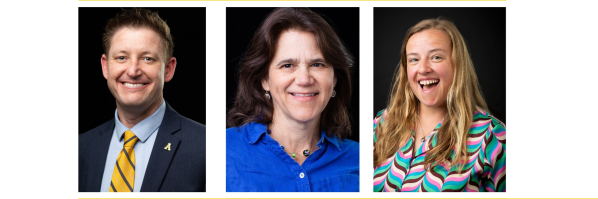 Three individuals are pictured (a man, woman and another woman) wearing professional dress 