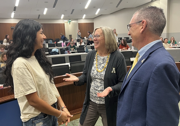  Photo: At the recent event, Beaver College Development Director Jeff McPherson (right) and Dean Marie Huff (center) talk with senior nursing student Valerie Farfan, who is a Beaver Scholar and president of the Student Nurses Association at App or SNAAP. Valerie is currently working at UNC Health Appalachian Watauga Medical Center in the Labor and Delivery unit and making plans to do some clinical mission work in the Dominican Republic soon. (Photo by Amanda Mlekush) 