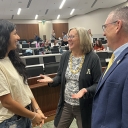  Photo: At the recent event, Beaver College Development Director Jeff McPherson (right) and Dean Marie Huff (center) talk with senior nursing student Valerie Farfan, who is a Beaver Scholar and president of the Student Nurses Association at App or SNAAP. Valerie is currently working at UNC Health Appalachian Watauga Medical Center in the Labor and Delivery unit and making plans to do some clinical mission work in the Dominican Republic soon. (Photo by Amanda Mlekush) 