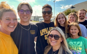 Dr. Amber Welborn, assistant professor in App State’s Department of Nursing, led a group of students who volunteered to sort medical supplies to be delivered via aircraft at the Lincolnton-Lincoln County Regional Airport. Pictured from left to right in the back row are Welborn, senior nursing major Jesse Gargis, senior exercise science major Noah Foy, senior nursing major Caitlyn Moore, senior nursing major Ella Pyatt and senior nursing major Eli Dowler. Shown from left to right in the front row are senior 