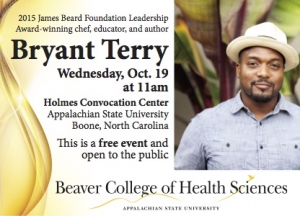 Bryant Terry 2016 lecture poster inviting the public to a free event Wed Oct 19 11 a.m. Holmes Convocation Center